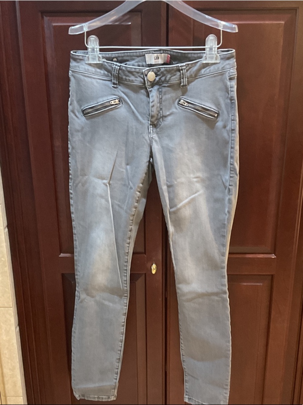 CAbi Gray Skinny Jeans with Diagonal Zip Pockets NEW